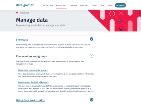 Screenshot showing new collapsible / expandable elements in data.govt.nz refresh