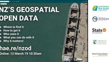 Flyer for NZ's open geospatial data online workshop, 12 March 2019.