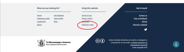 Screenshot highlighting Publisher login link at bottom of data.govt.nz webpage