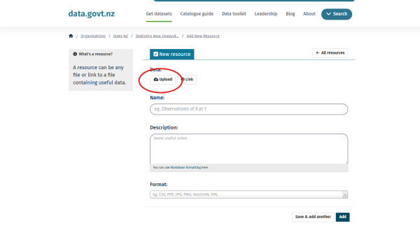 New resource page view highlighting file upload and URL link buttons
