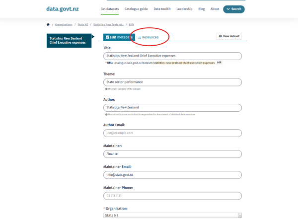 Dataset metadata page view example highlighting resource tab