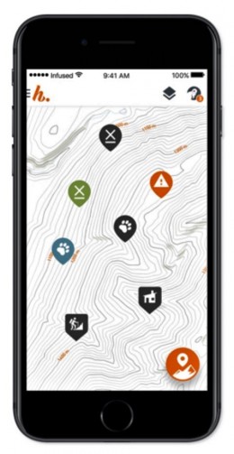View of smartphone app interface showing map with markers.