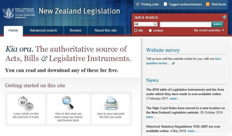 Screenshot: home page of New Zealand Legislation website.