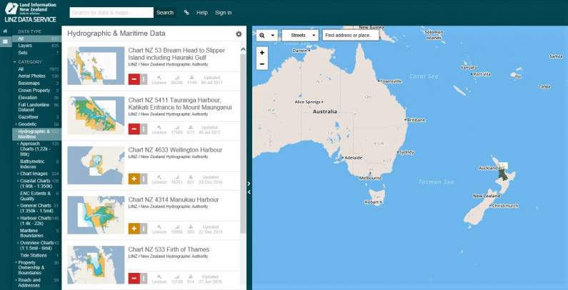 Screenshot of hydrographic images in LINZ Data Service.