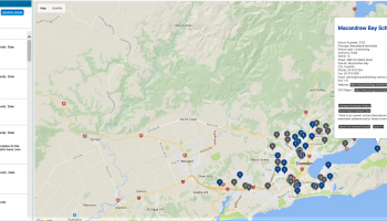 Screenshot from School Finder. Shows schools in a region and school information.