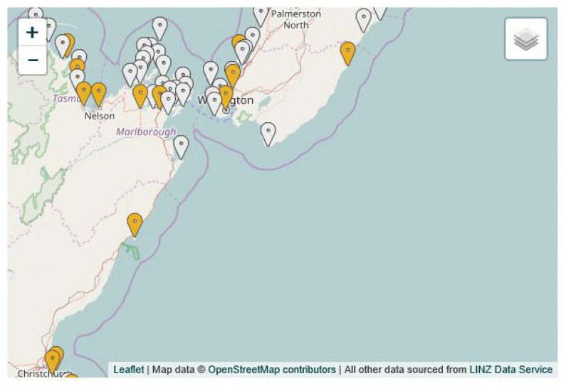 Screenshot of LINZ map with markers that can be clicked to show information.