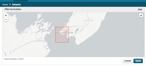 The data.govt.nz geo search tool with a box drawn around Wellington