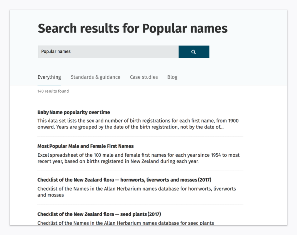 Search results page with top level content type filter