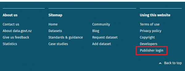 Screenshot highlighting Publisher login link at bottom of data.govt.nz webpage