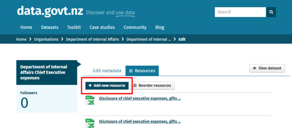 Resource page view highlighting Add new resource button
