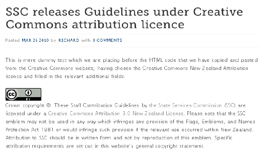 Screenshot of webpage linking to generic copyright statement